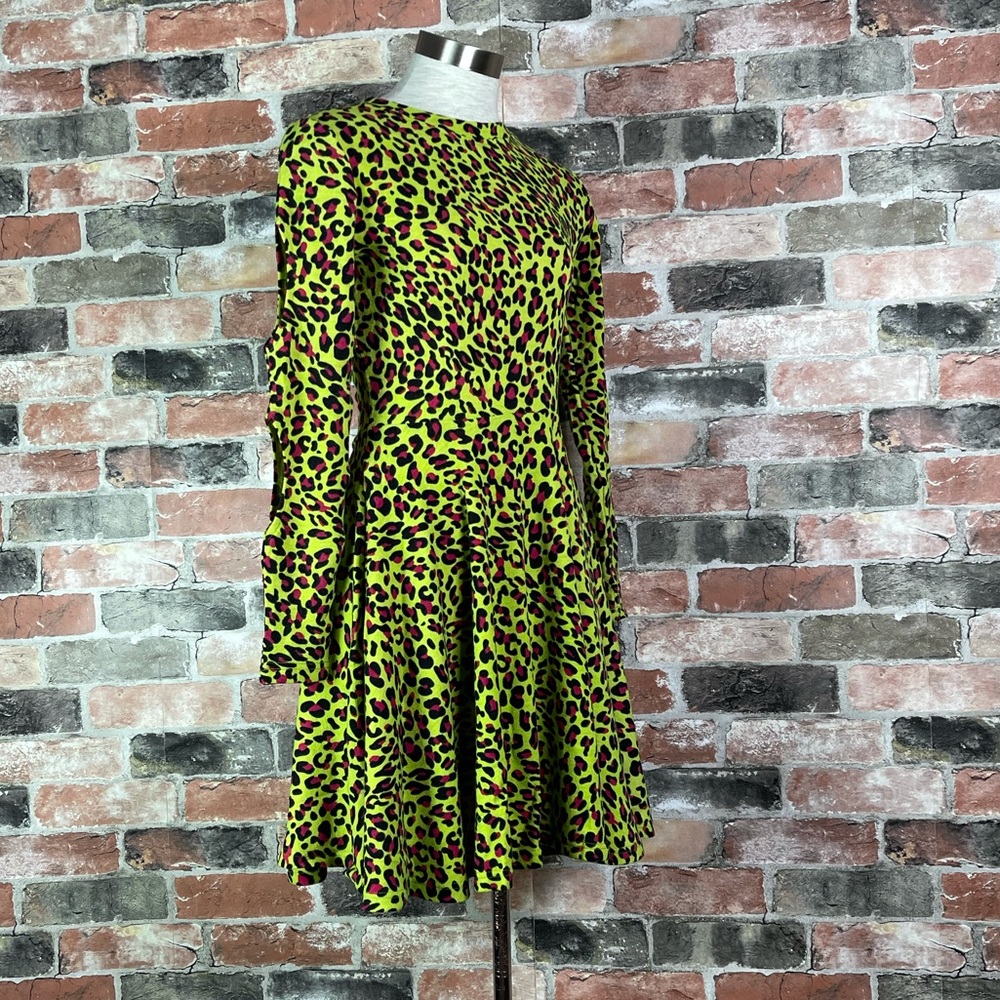 Jawbreaker 80s Punk Disco Cut Out Neon Leopard Green Skater Dress Costume - Picture 3 of 8